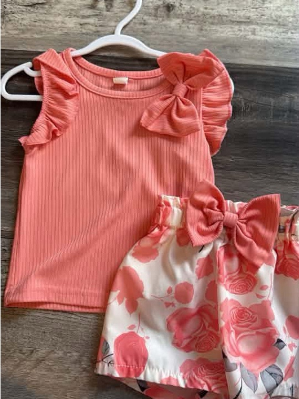 SHEIN Coral Pink Ribbed Top & Floral Bow Shorts Matching Set